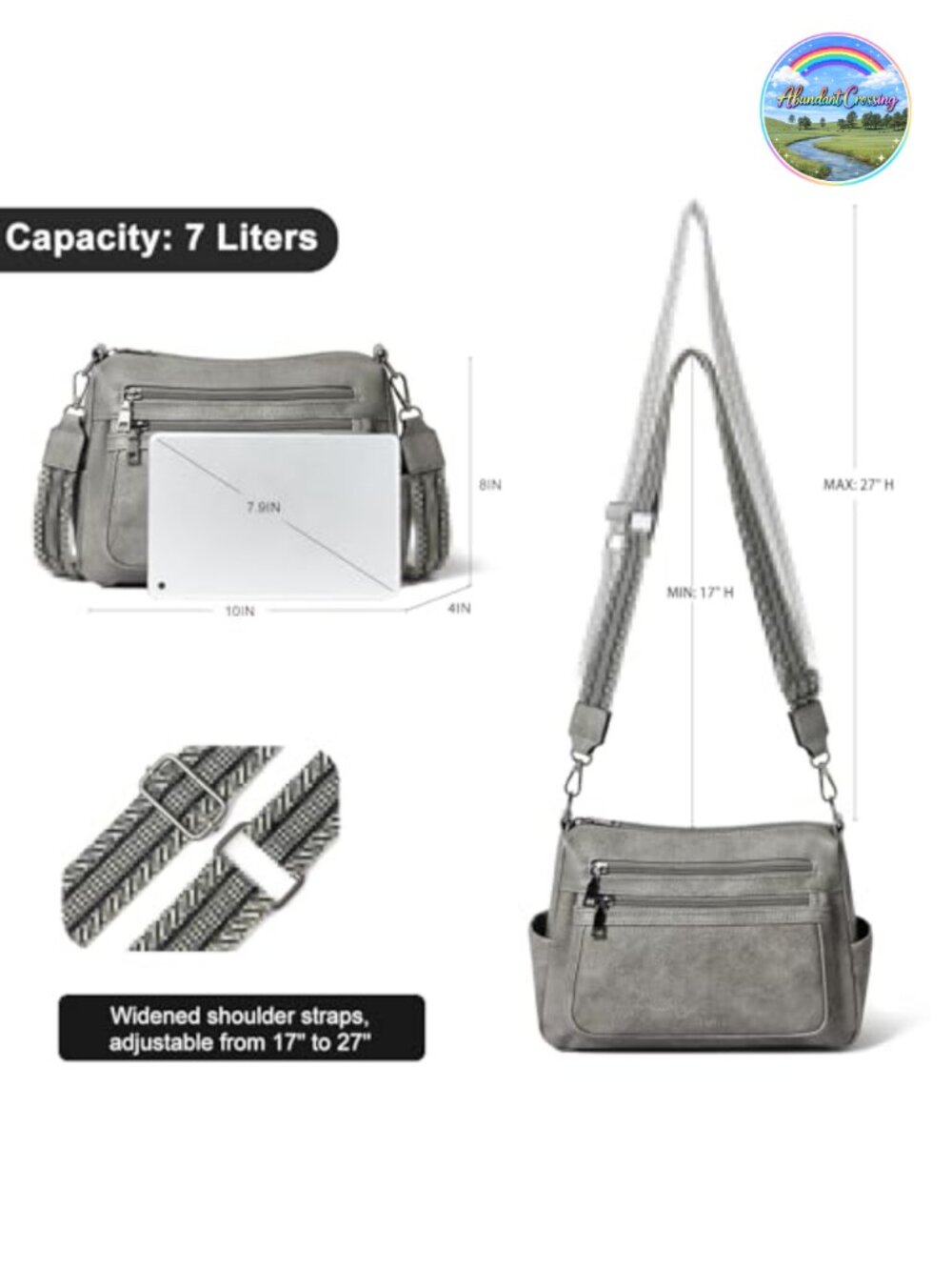 Faux Leather Crossbody Bag Wide Strap Lightweight Sling Purse - Picture 3 of 6